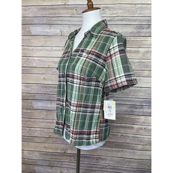 Baxter & Wells Small NWT Plaid Button Front Blouse Green Pink Short Sleeve Top - Picture 4 of 10